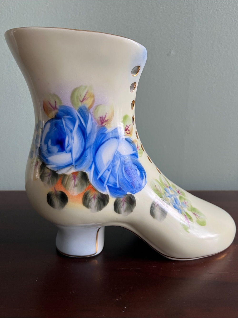 Vintage Ceramic Boot Vase Blue Roses Gold Trim Mid Century Japan 7x6